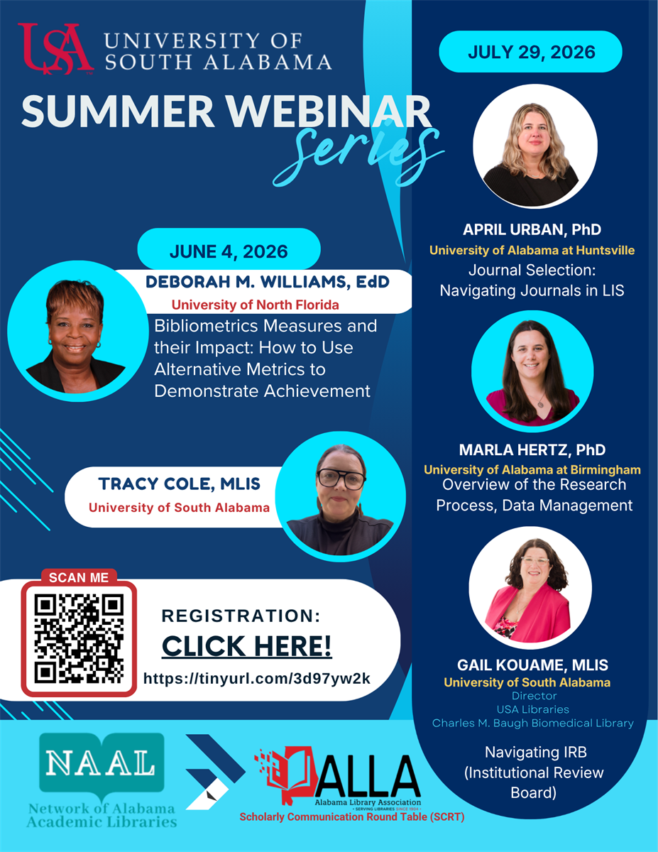 This image shows the titles and names of the June and July 2026 Summer Series put on by the SCRT (Scholarly Communications Roundtable) of the Alabama Library Association. 
